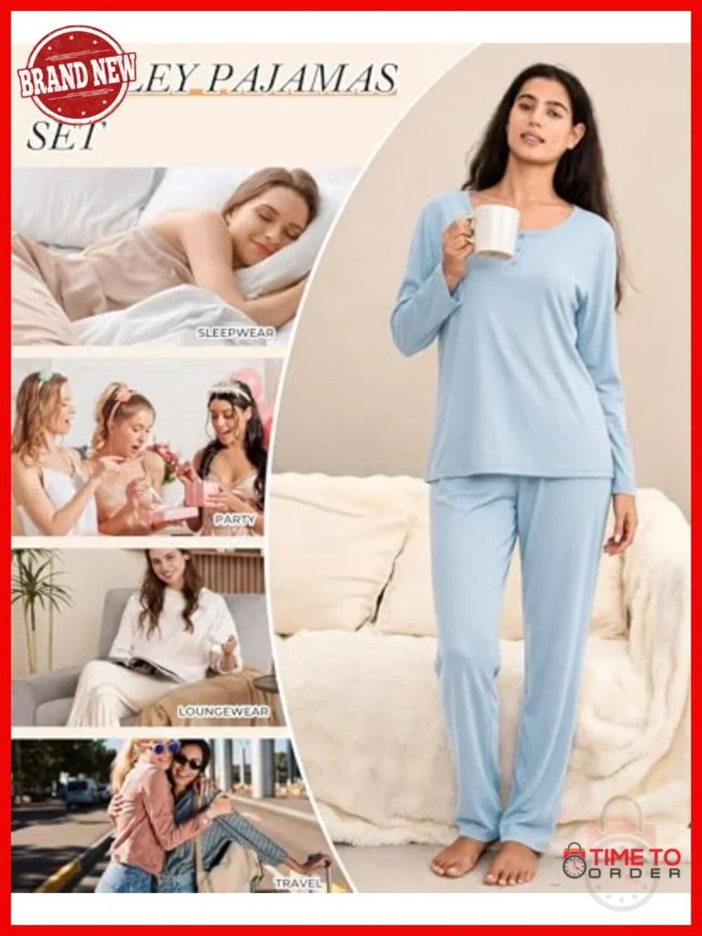 Henley Neck 2 Piece Pajama Set with Pockets